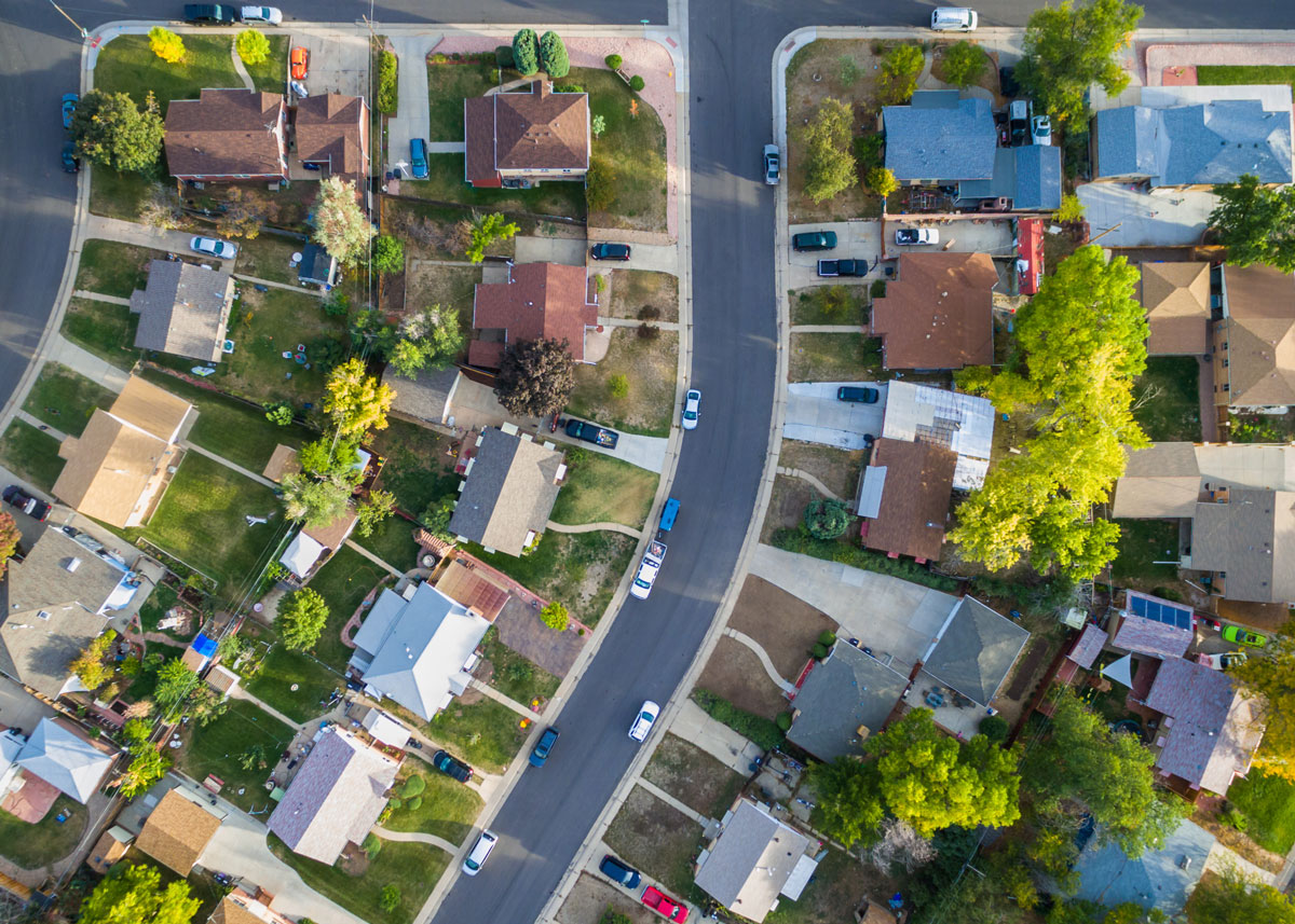 An aerial view of a residential neighborhood.