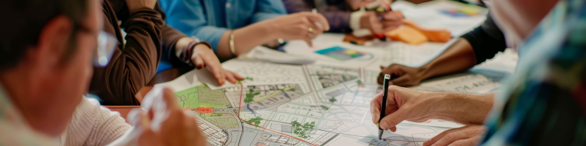 a desk in the middle showing some urban planning documents with people's hands all around as they work