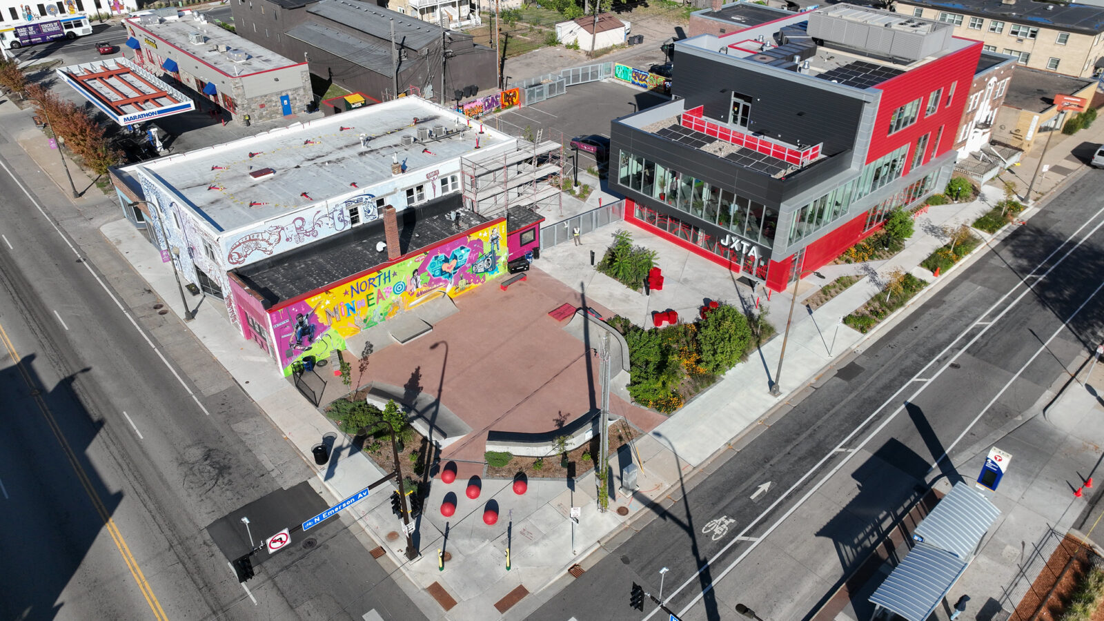 Aerial view of the Juxtaposition arts campus