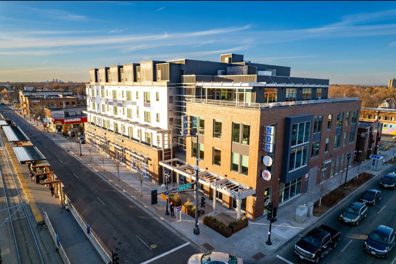 An aerial view of a large urban building that is home to NDC and other businesses.